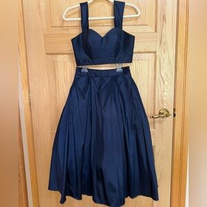 Satin Navy Blue Midi Two-Piece Prom Dress